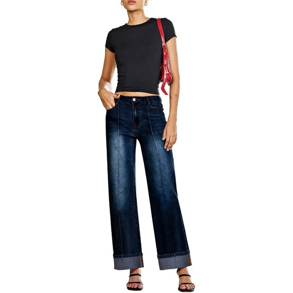 Women's Wide Leg Cuffed Jeans High Waisted Baggy Stretchy Denim Pants - Picture 5 of 6